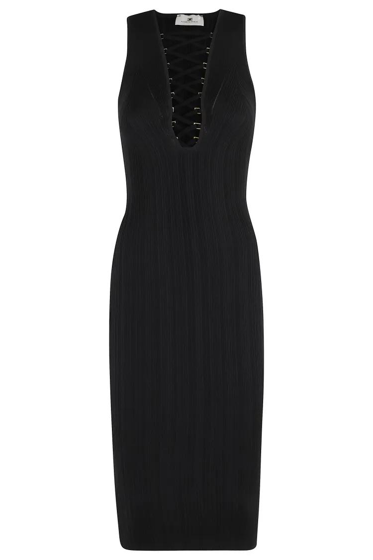 Thumbnail - Elisabetta Franchi - Sleeveless Black Midi Dress With V-Neckline - Größe 38 - schwarz