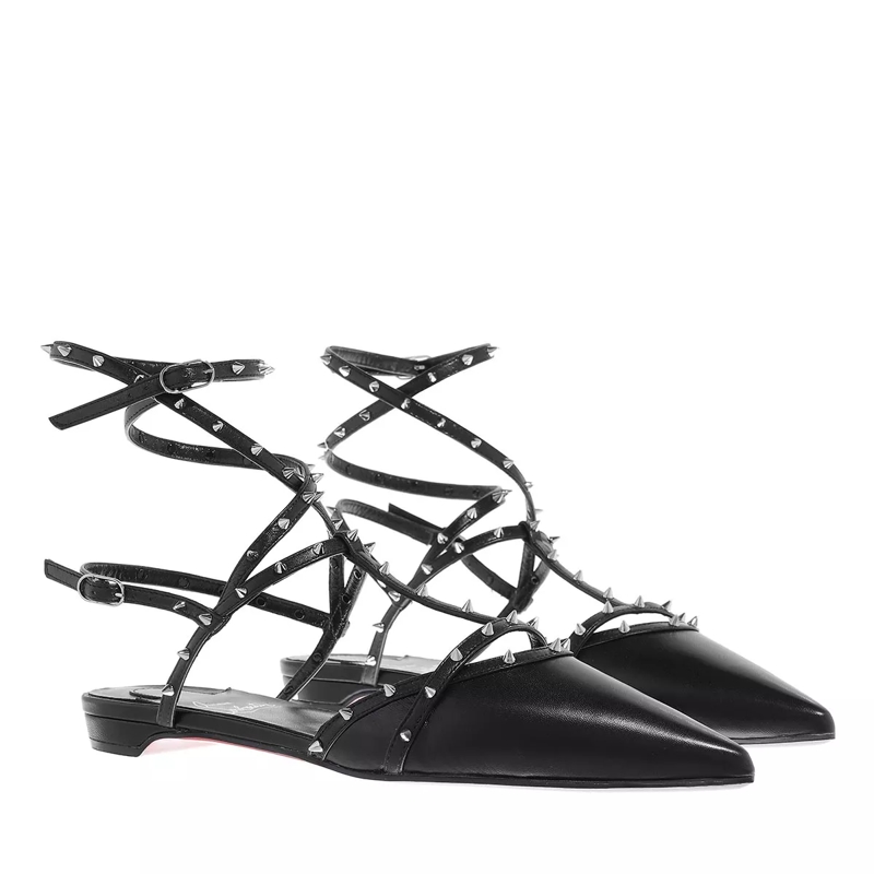 Christian Louboutin Ballerinas Bombina Spike Sandals Leather Black+Silver