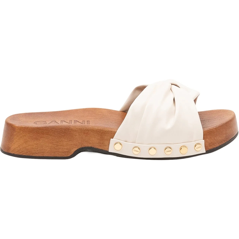 GANNI Slides Zoccoli Tia Fairy con Fascia Annodata e Borchie weiß