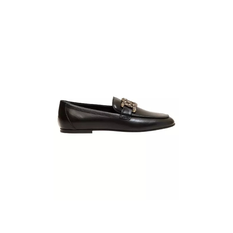 Tod's Loafer Black Leather Moccasin With Rhinestone Buckle Black