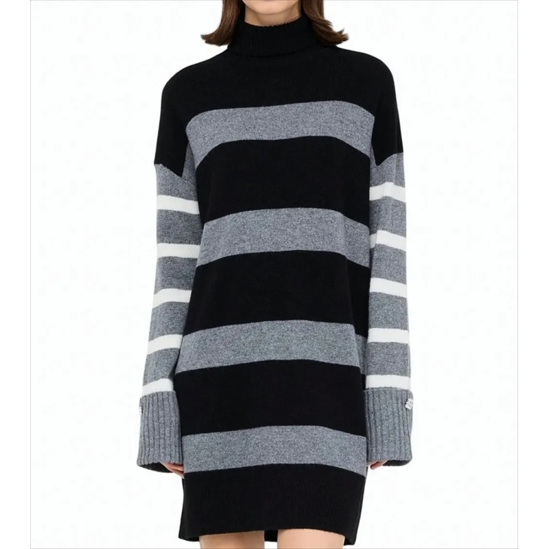 LIU JO Minikleid Turtleneck Wool Dress With Striped Design Black