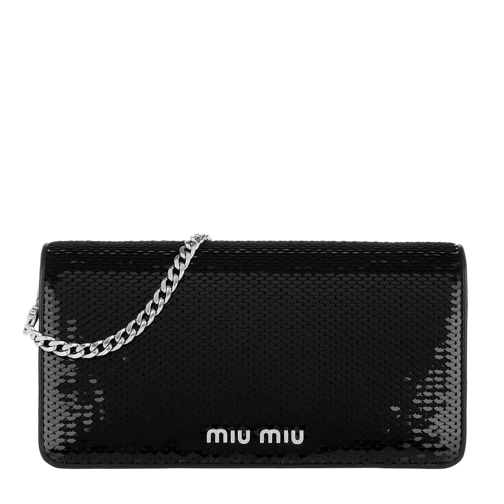 Miu Miu Sequins Logo Wallet Black Portefeuille sur chaîne