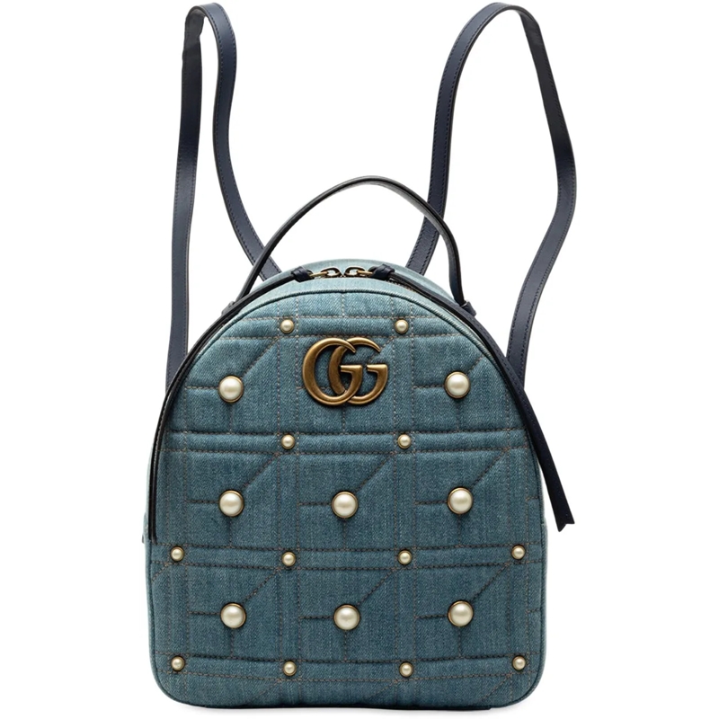 Gucci Rucksack Small GG Marmont Pearl Studded Matelasse Denim Bac blau