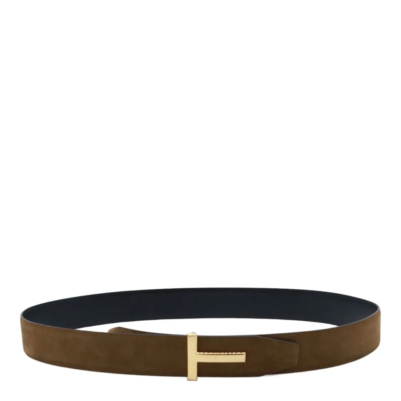 Tom Ford Riem Polished Gold-Tone Buckle Brown Suede Belt Black
