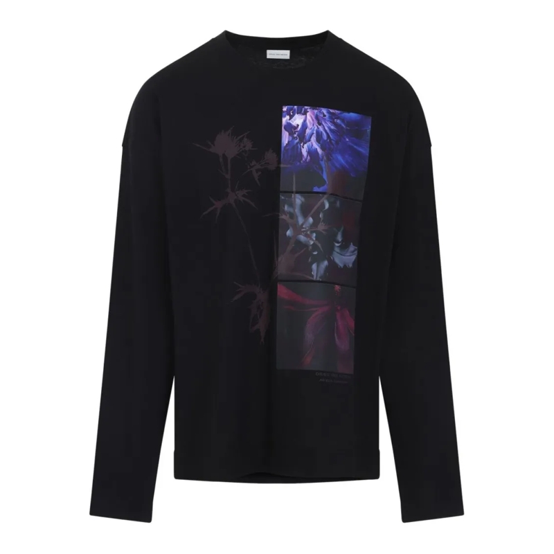 Dries Van Noten Langärmeliges Oberteil Long-Sleeve Graphic Floral Print T-Shirt Black