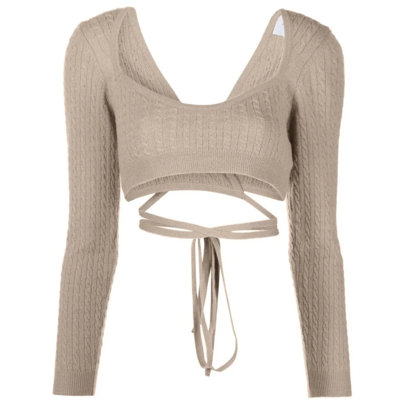 Patou Langärmeliges Oberteil Cropped Tie-Fastening Top In Taupe Wool-Cashmere B Pink