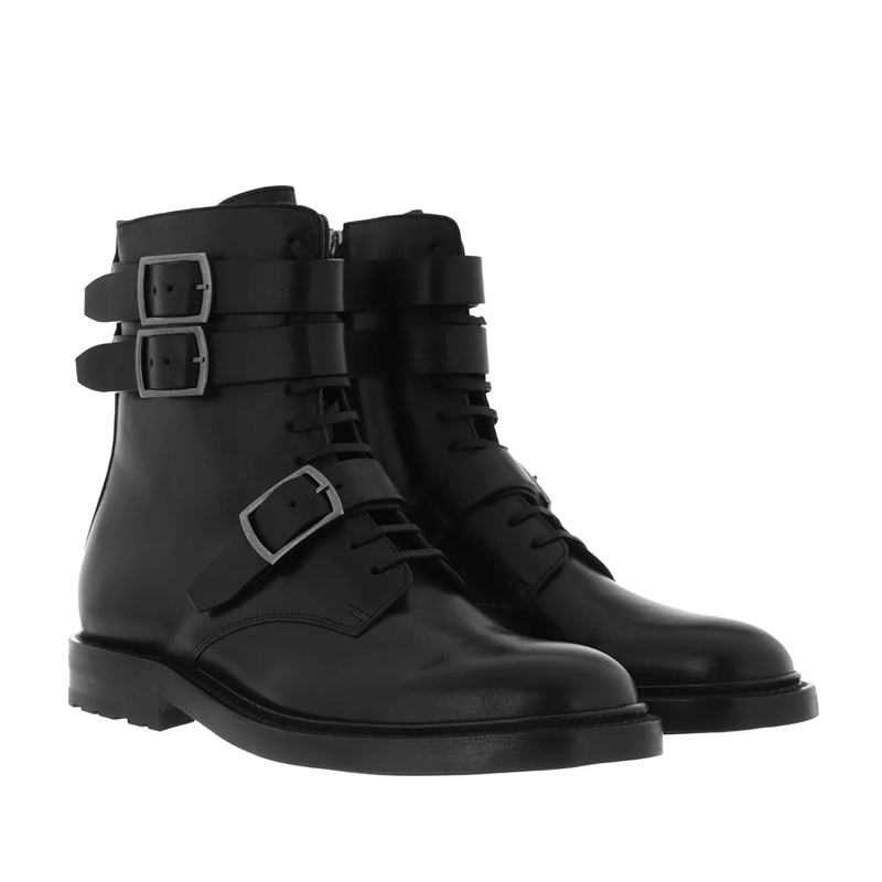 Saint Laurent Biker Boots Military High Top Boots Leather Black