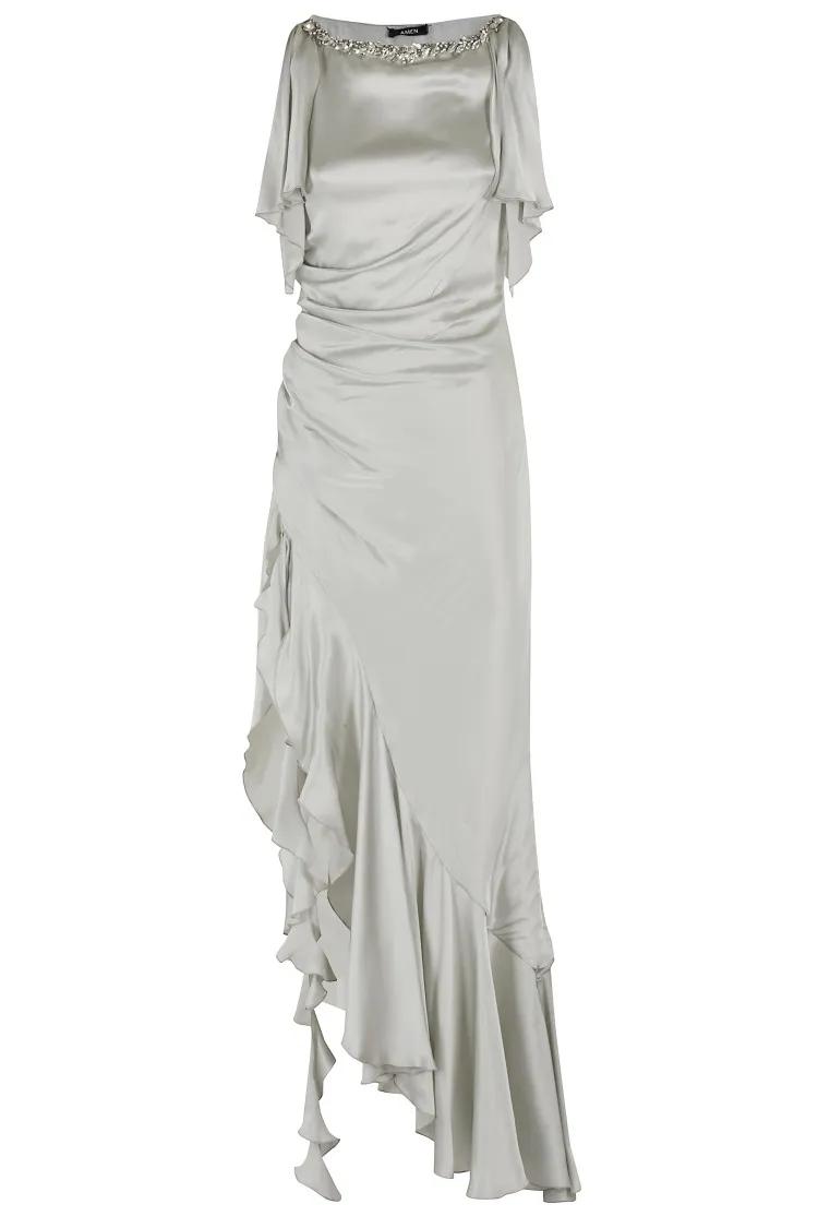Thumbnail - Amen - Rhinestone-Trim Satin Dress - Größe 40 - grau