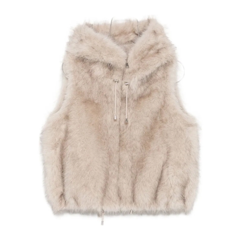 Valentini 1972  Short Sleeveless Coat With Plush Faux Fur Neutrals