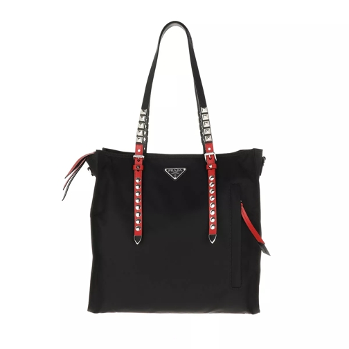 Prada Studded Tote Bag Nylon Nero/Fuoco Rymlig shoppingväska