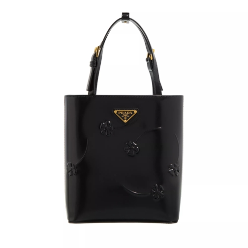 Prada Tote Bag Floral Embossed Black Rymlig shoppingväska