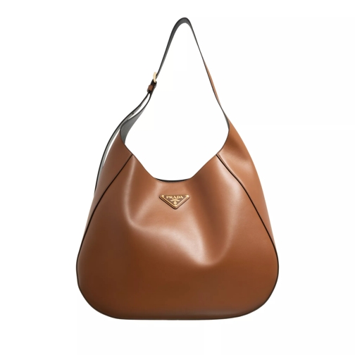 Prada Large Leather Shoulder Bag With Topstitching Cognac Black Hoboväska
