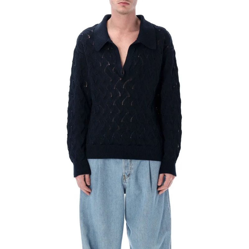 Dries Van Noten Polo Lace Stitch Polo Sweater In Mercerized Cotton With Black
