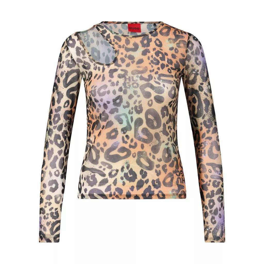 Hugo - Transparentes Leo-Print Langarmshirt - Größe L - brown