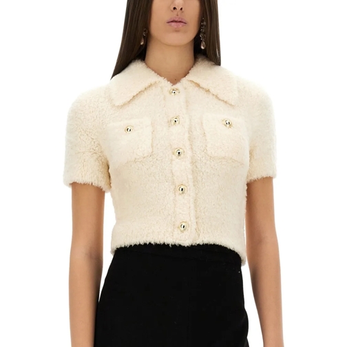 Self Portrait Pullover Cropped Collared Knitted Top With Button-Down Fron Neutrals (Image 4)