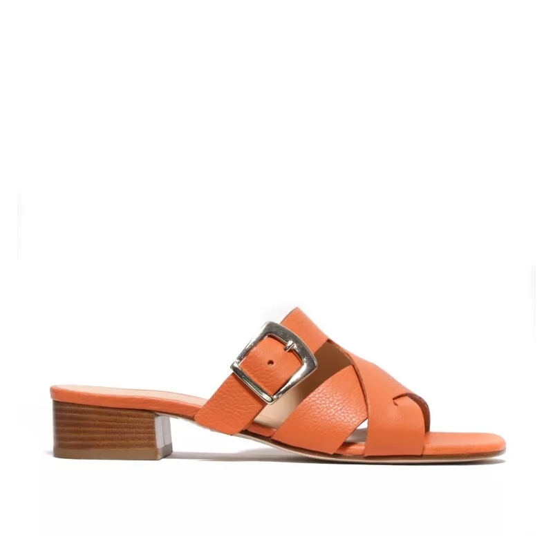 La Sellerie Claquettes Orange Leather Slipper With Cross And Golden Buckl Orange