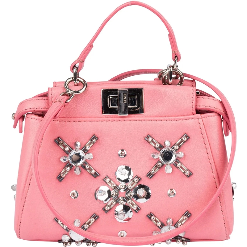 Fendi Schultertasche Fendi Pink Leather Crystal Micro Peekaboo Handbag rose