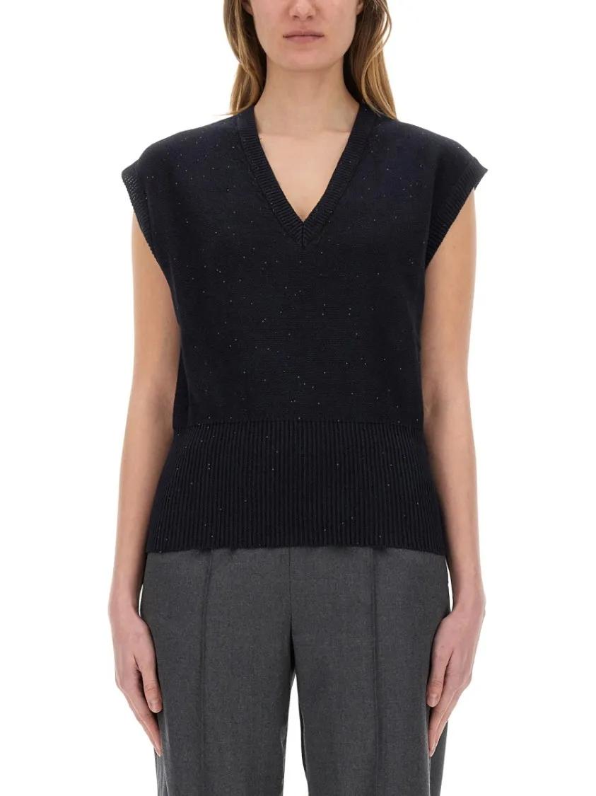 Thumbnail - Fabiana Filippi - Cotton And Linen Vest With Sequins - Größe 42 - blau