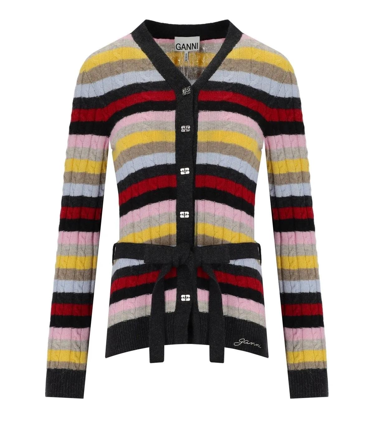 Thumbnail - GANNI - Multicolor Striped Cardigan With Belt - Größe M - bunt