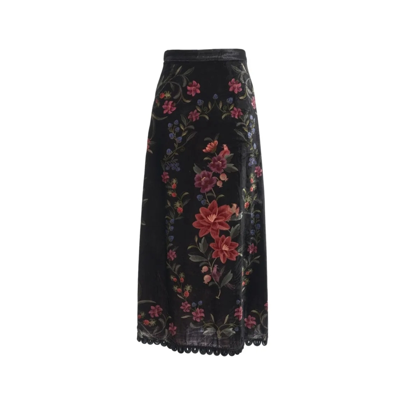 Farm Rio Midirok Floral Print Velvet Skirt Black