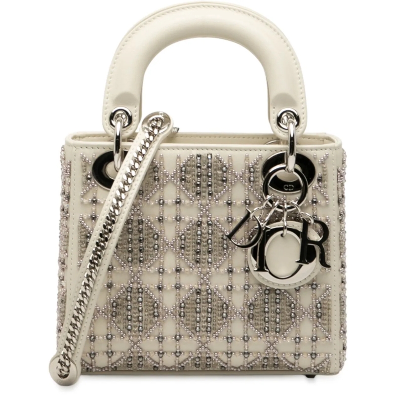Christian Dior Schultertasche Mini Lambskin Cannage Beaded Lady Dior weiß