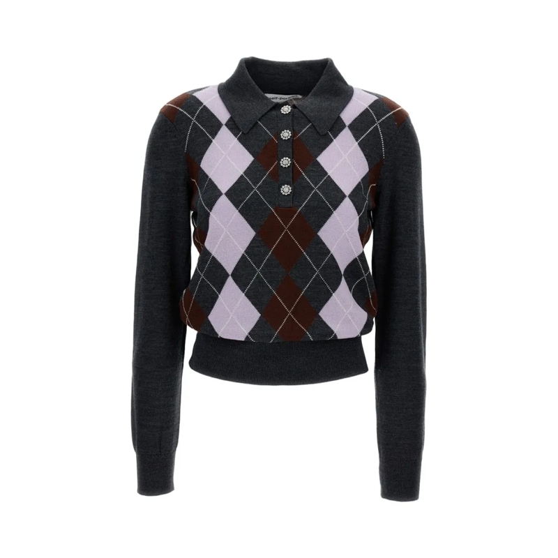 Self Portrait Trui Wool Polo Sweater With Diamond Pattern Neutrals