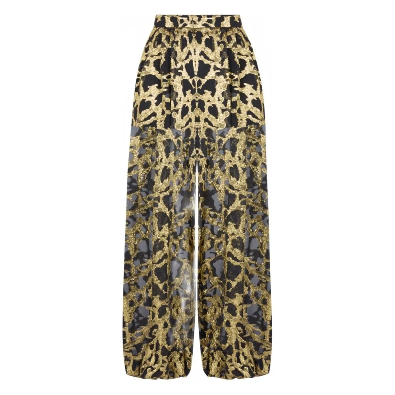 Nina Ricci  Gold Marble-Effect Silk Wide-Leg Trousers Neutrals