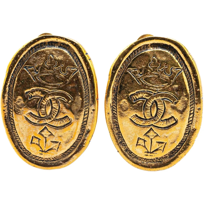 Chanel Créoles Gold Plated CC Crown Clip On Earrings gold