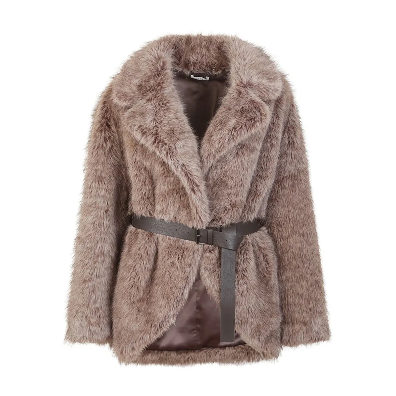 P.A.R.O.S.H. Veste en shearling Double-Breasted Faux Fur Jacket With Belted Waist  Grey