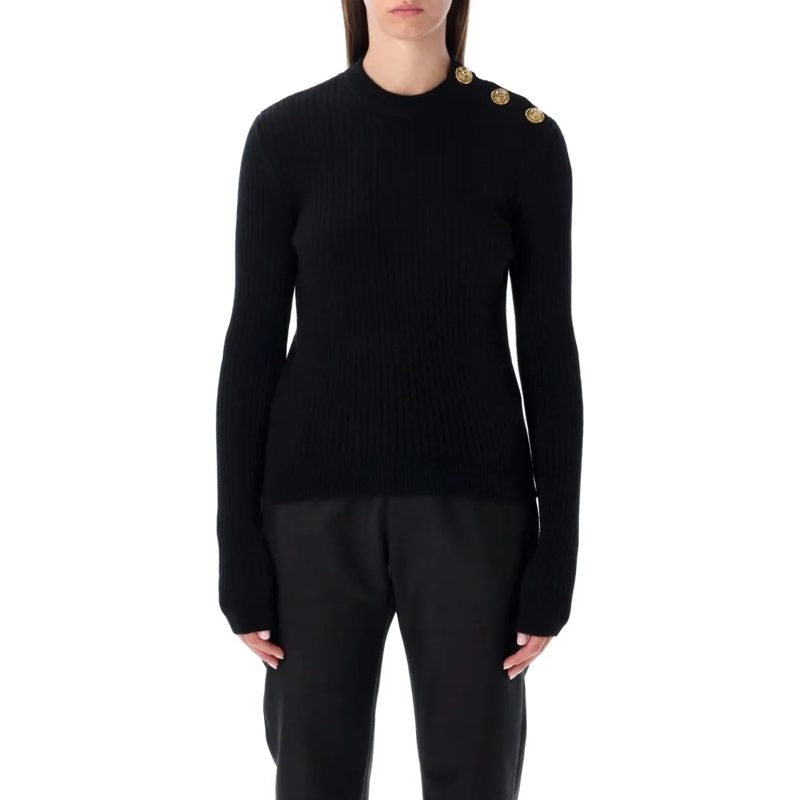 Balmain Trui Black Ribbed Wool Sweater With Gold Buttons Black