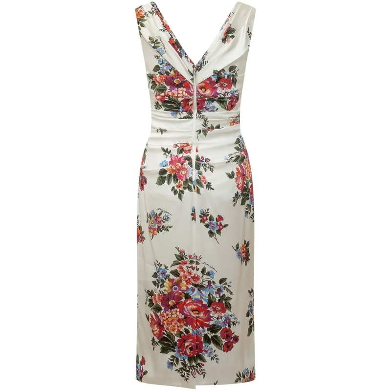 Dolce&Gabbana Midikleid Abito con Scollo a V e Drappeggio e Motivo Floreal weiß(Image 2)