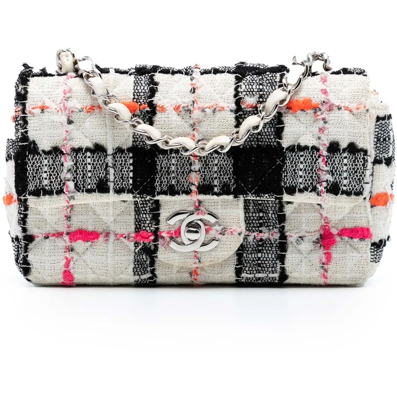 Chanel Schultertasche Mini Rectangular Classic Tweed Check Single Flap weiß