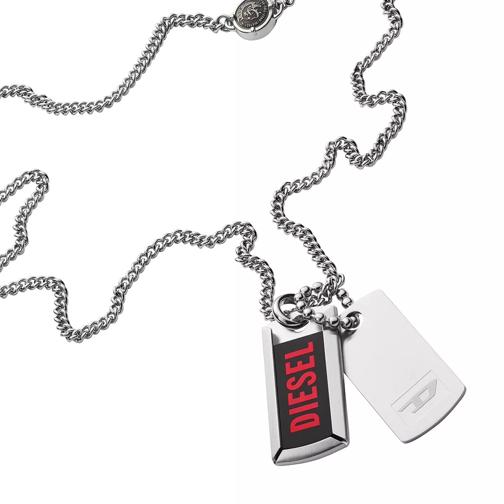 Diesel Stainless Steel Double Dog Tag Necklace Silver Lange Halskette