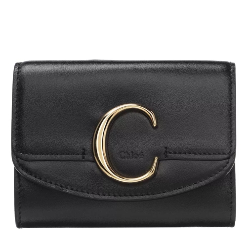 Chloé Small Trifold Wallet Shiny Calfskin Black Tri-Fold Portemonnee