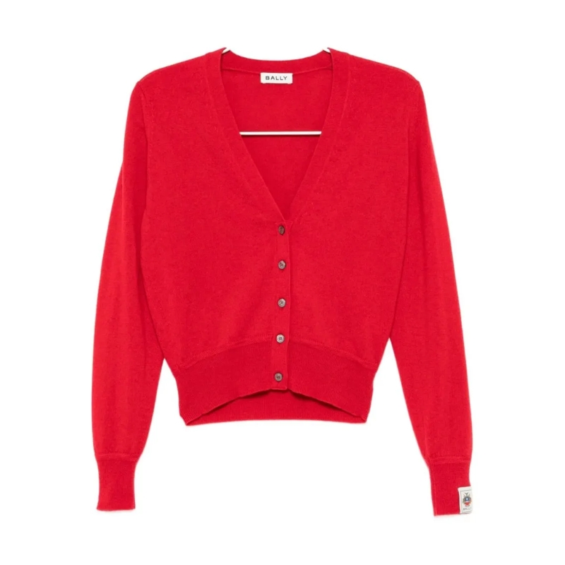 Bally Strickjacke Cardigan With V-Neck And Logo Patch Detail Red