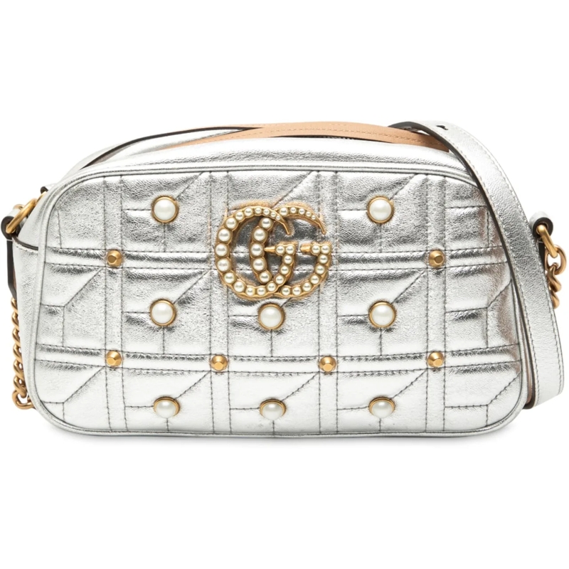 Gucci Schultertasche Small GG Marmont Pearl Studded Matelasse Leather A silber
