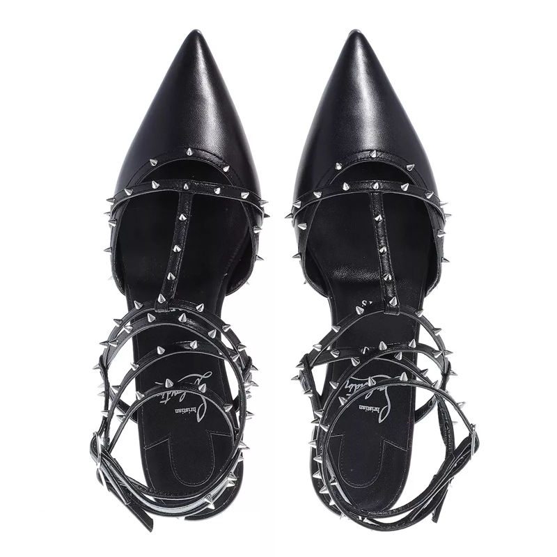 Christian Louboutin Ballerinas Bombina Spike Sandals Leather Black+Silver(Image 3)