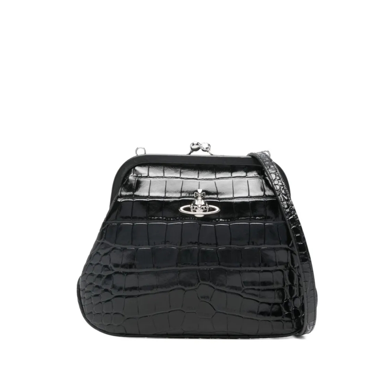 Vivienne Westwood Clutch Trapezoidal Black Crocodile-Embossed Handbag With  Black