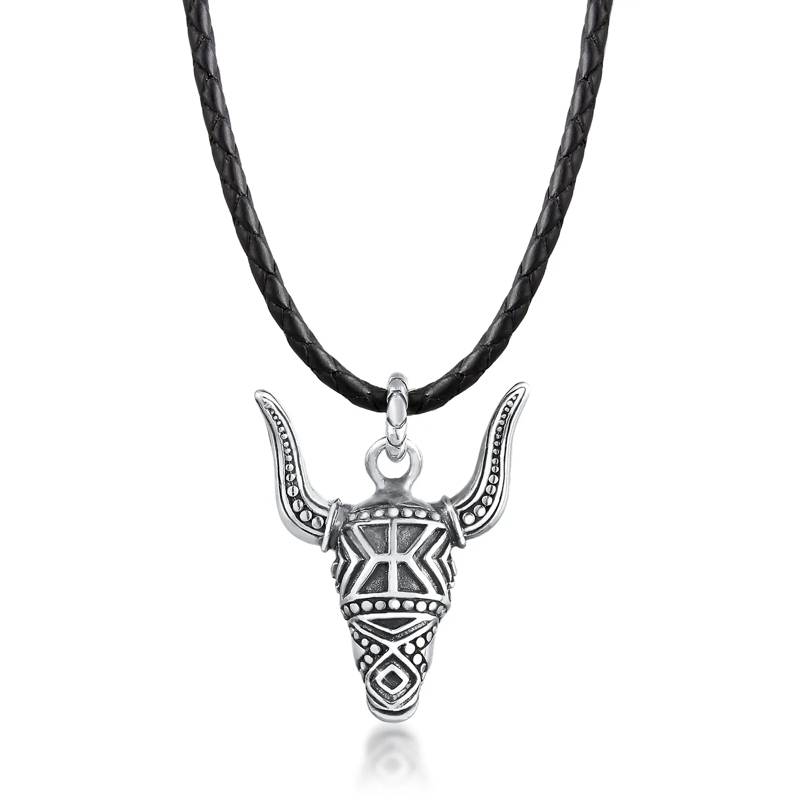 Kuzzoi Mittellange Halskette Halskette Herren Lederkette Stierkopf Oxidiert 925 silber