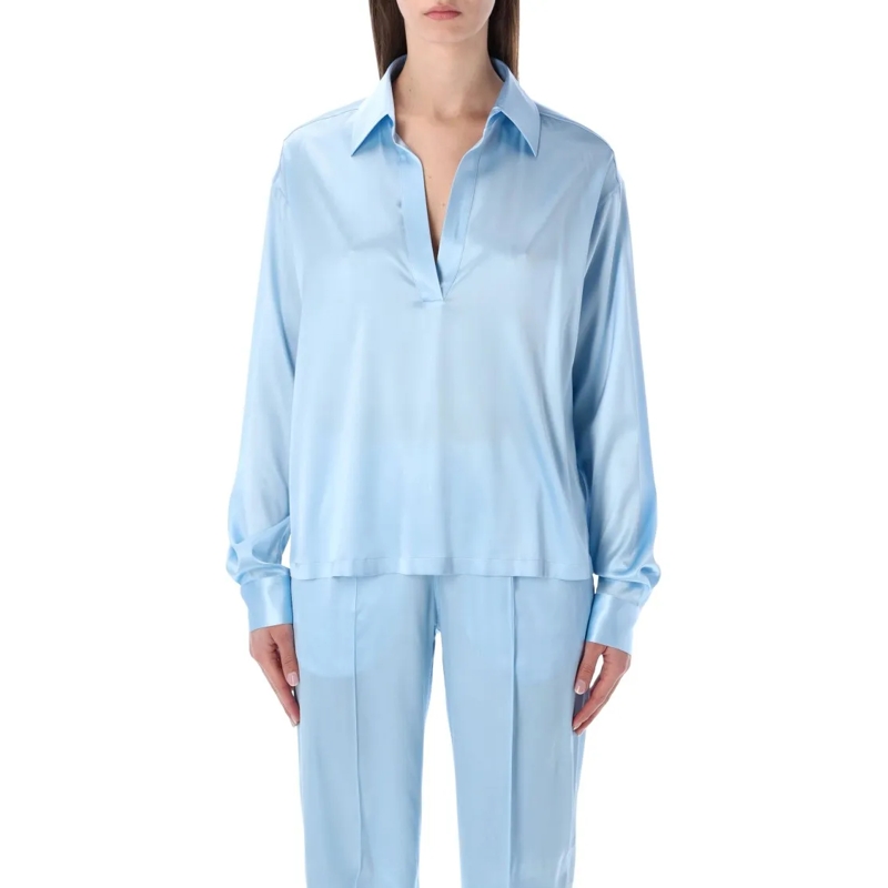 Tom Ford Top met lange mouwen Stretch Silk Satin Polo With Tonal Logo Blue