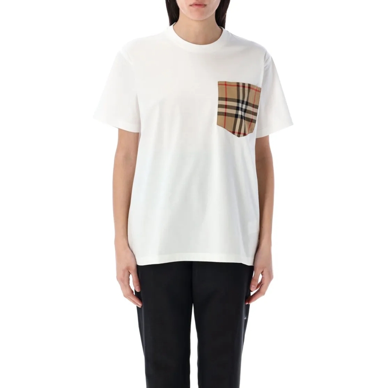 Burberry T-shirt Check Pocket Cotton T-Shirt With Ribbed Neckline A White