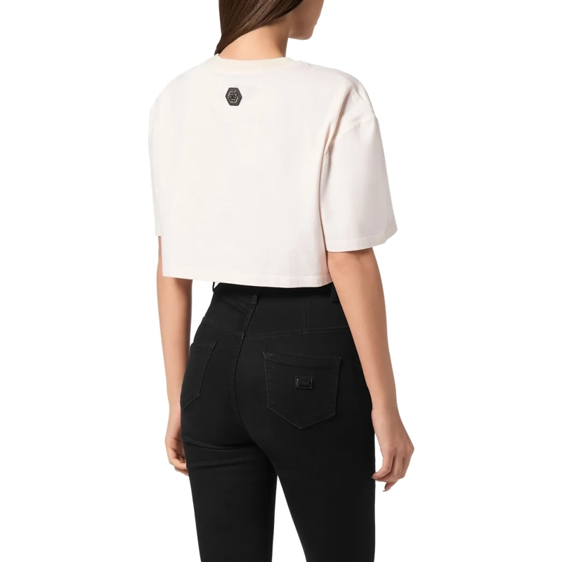 Philipp Plein Top T-Shirt Rundhalsausschnitt Ls Crystal Verziert weiss