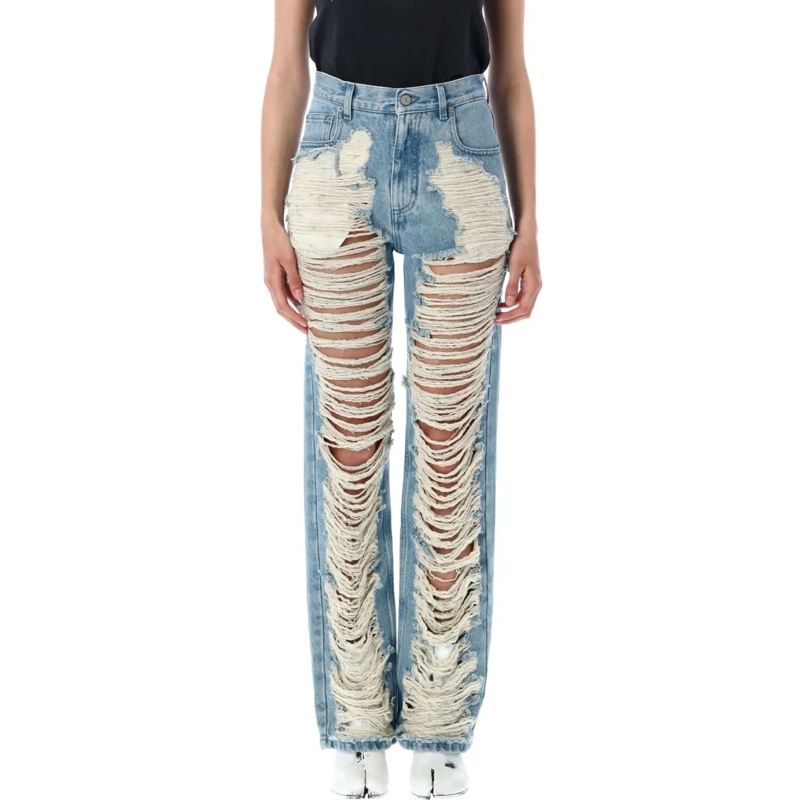 MM6 Maison Margiela Jeans Distressed Straight Leg Denim Jeans With White Sti Blue