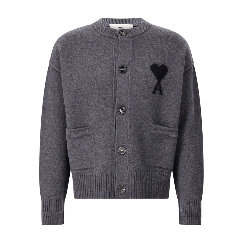 AMI Paris Strickjacke Strickjacke mit Logo Dunkelgrau