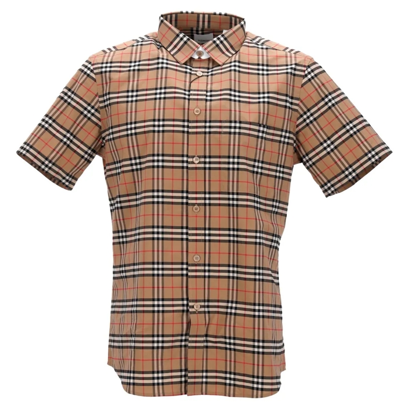Burberry Overhemd Short-Sleeved Checked Shirt With Classic Collar An Brown
