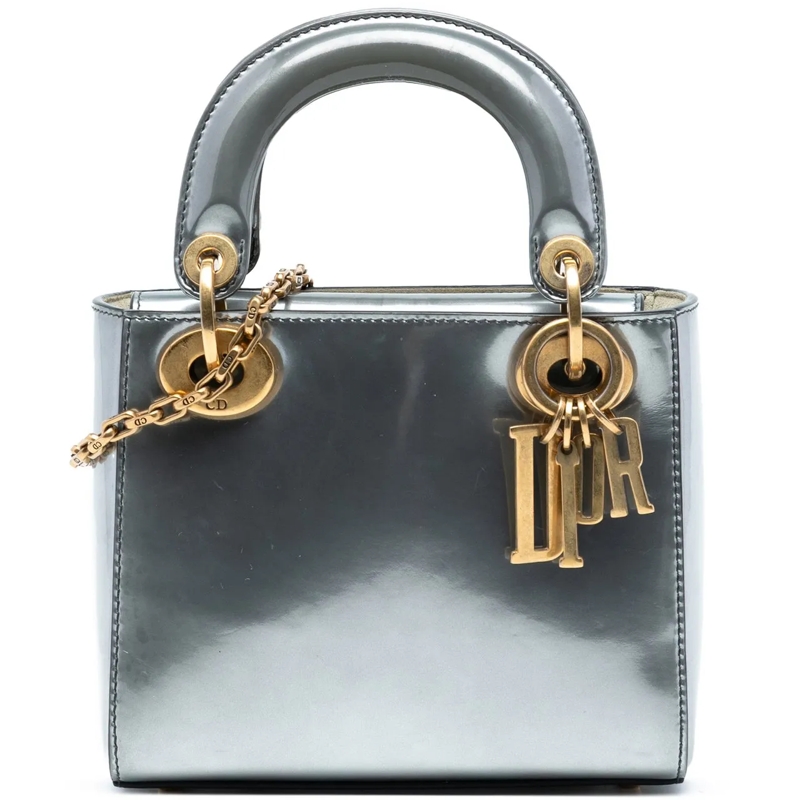 Christian Dior Schultertasche Mini Metallic Patent Lady Dior silber