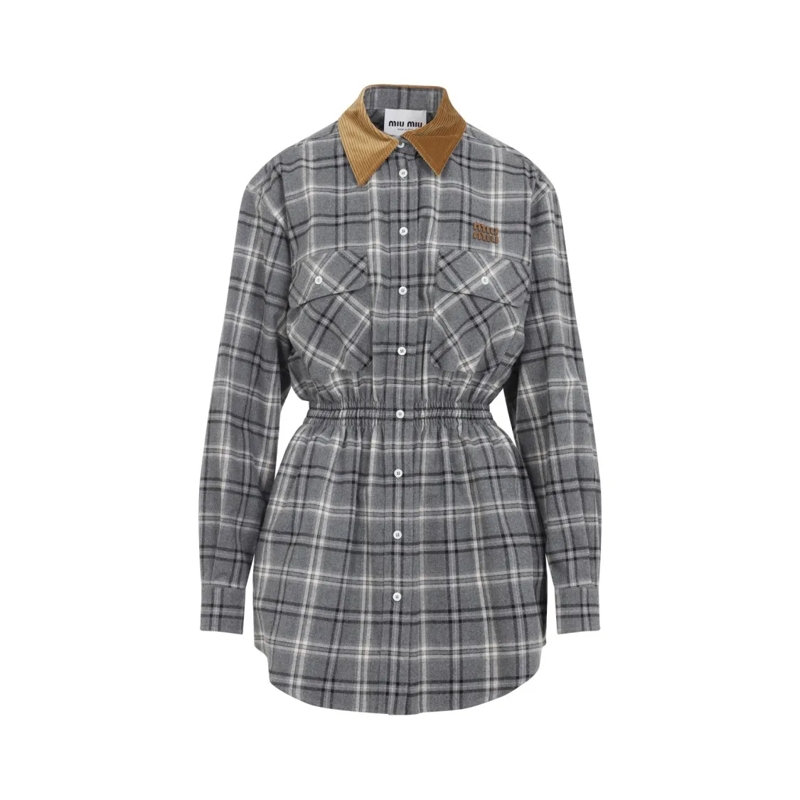 Miu Miu Mini-jurk Grey Plaid Mini Dress With Contrasting Tan Collar Grey