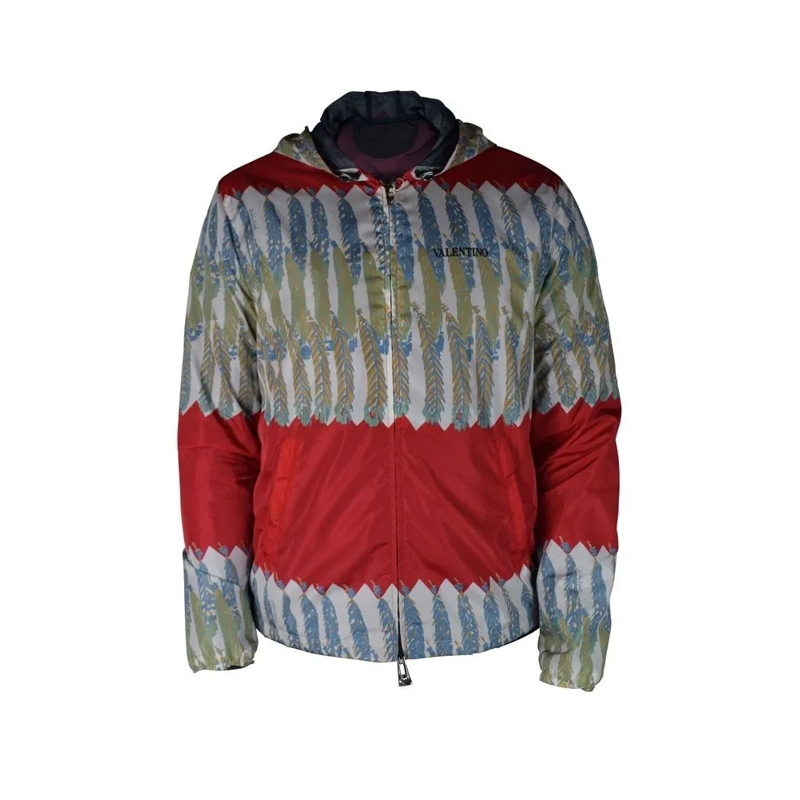 Valentino Garavani  Leaf Print Nylon Jacket With Drawstring Hood Grey