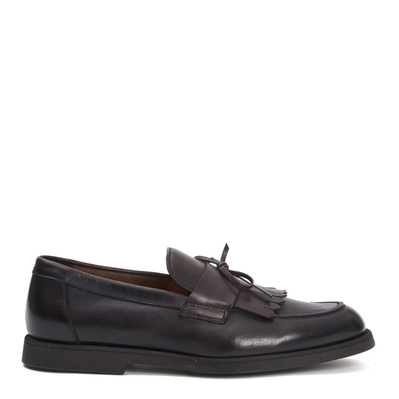 Doucal's Loafer Brown Leather Moccasins With Decorative Fringe Black
