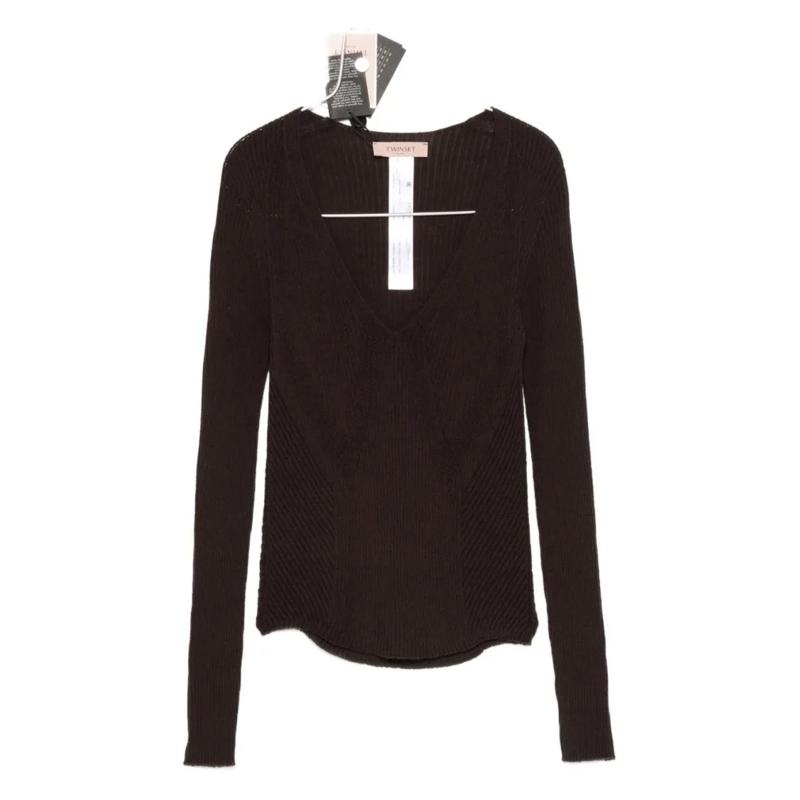 Twin-Set Pull Fitted Brown Wool Sweater With Deep V-Neckline Black